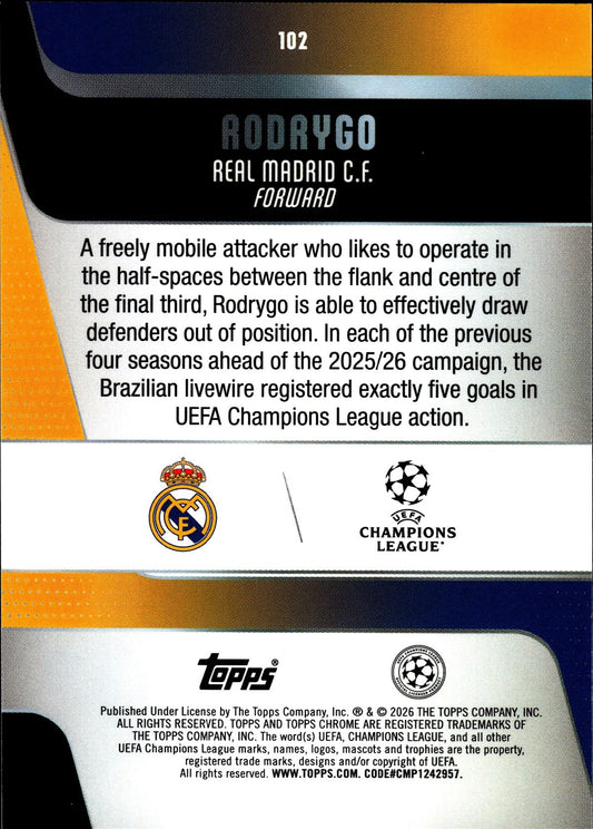 2025-26 Topps Chrome UEFA Club Competitions #102 Rodrygo – Real Madrid – back