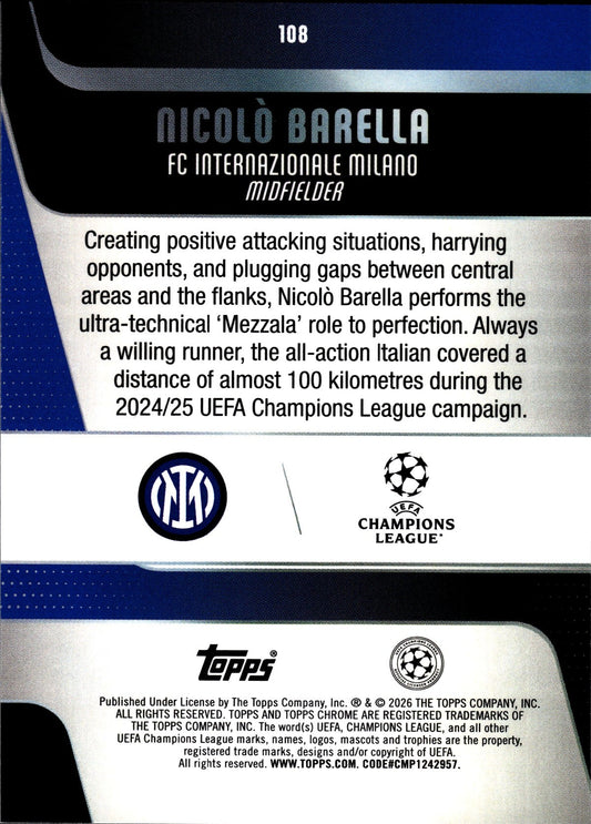 2025-26 Topps Chrome UEFA Club Competitions #108 Nicolò Barella – Inter Milan – back