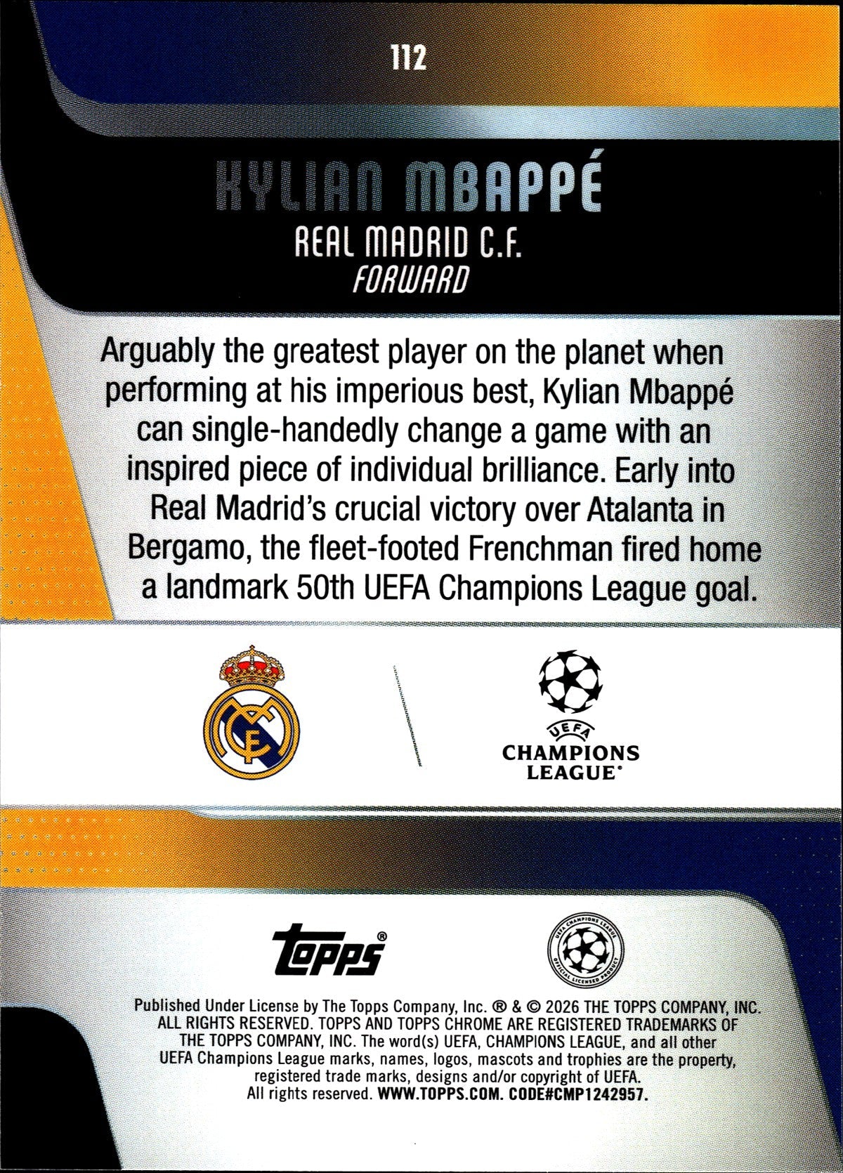 2025-26 Topps Chrome UEFA Club Competitions #112 Kylian Mbappé – Real Madrid – back