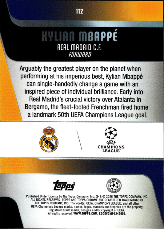 2025-26 Topps Chrome UEFA Club Competitions #112 Kylian Mbappé – Real Madrid – back