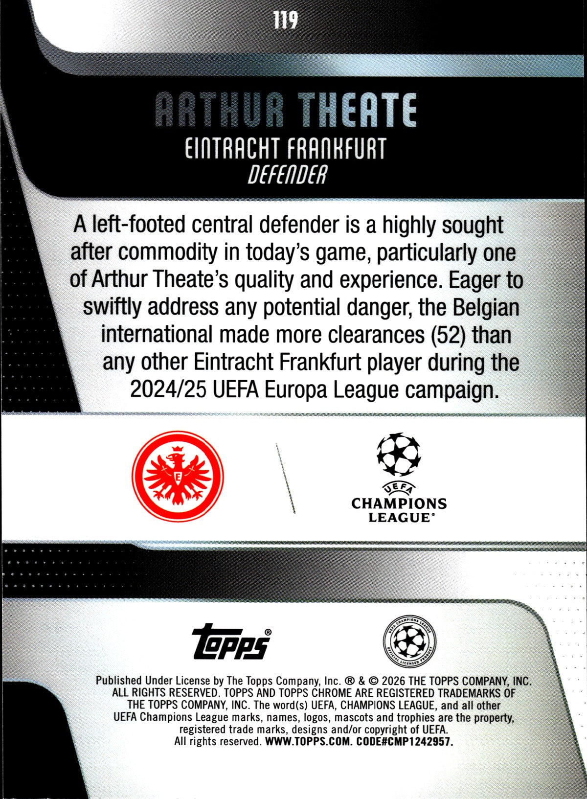 2025-26 Topps Chrome UEFA Club Competitions #119 Arthur Theate – Eintracht Frankfurt – back