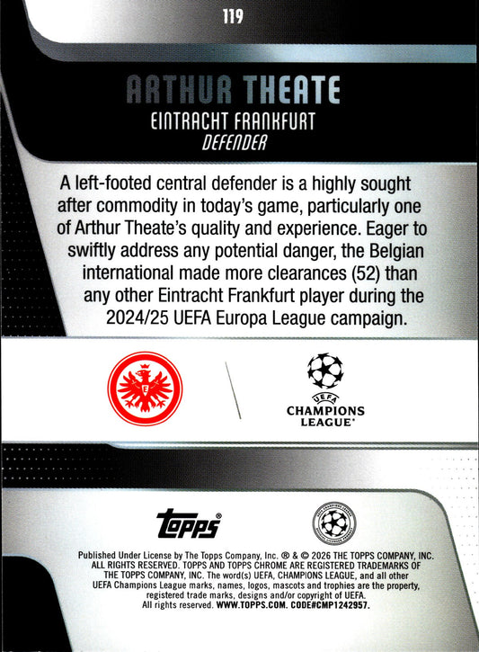 2025-26 Topps Chrome UEFA Club Competitions #119 Arthur Theate – Eintracht Frankfurt – back