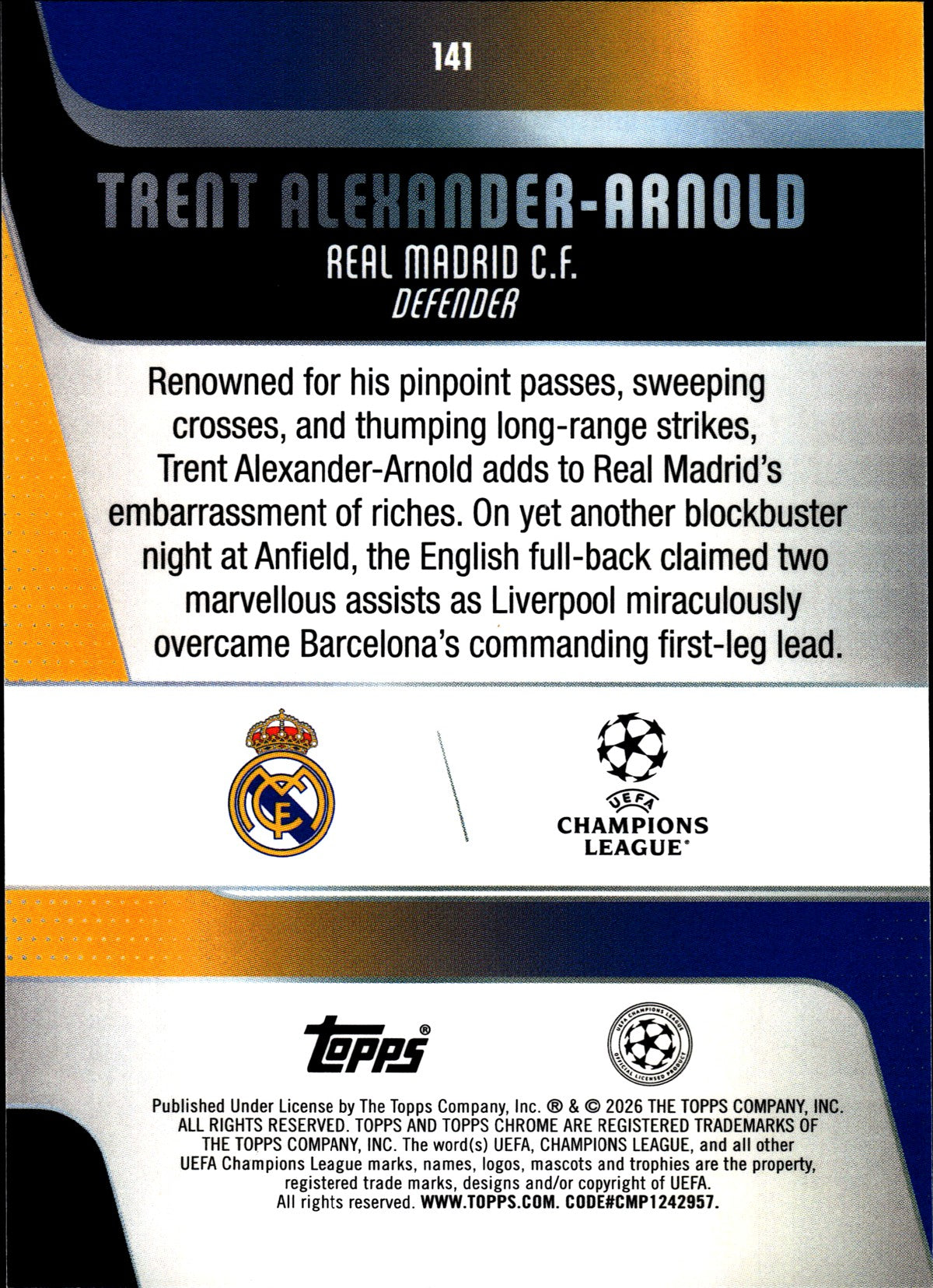 2025-26 Topps Chrome UEFA Club Competitions #141 Trent Alexander-Arnold – Real Madrid – back