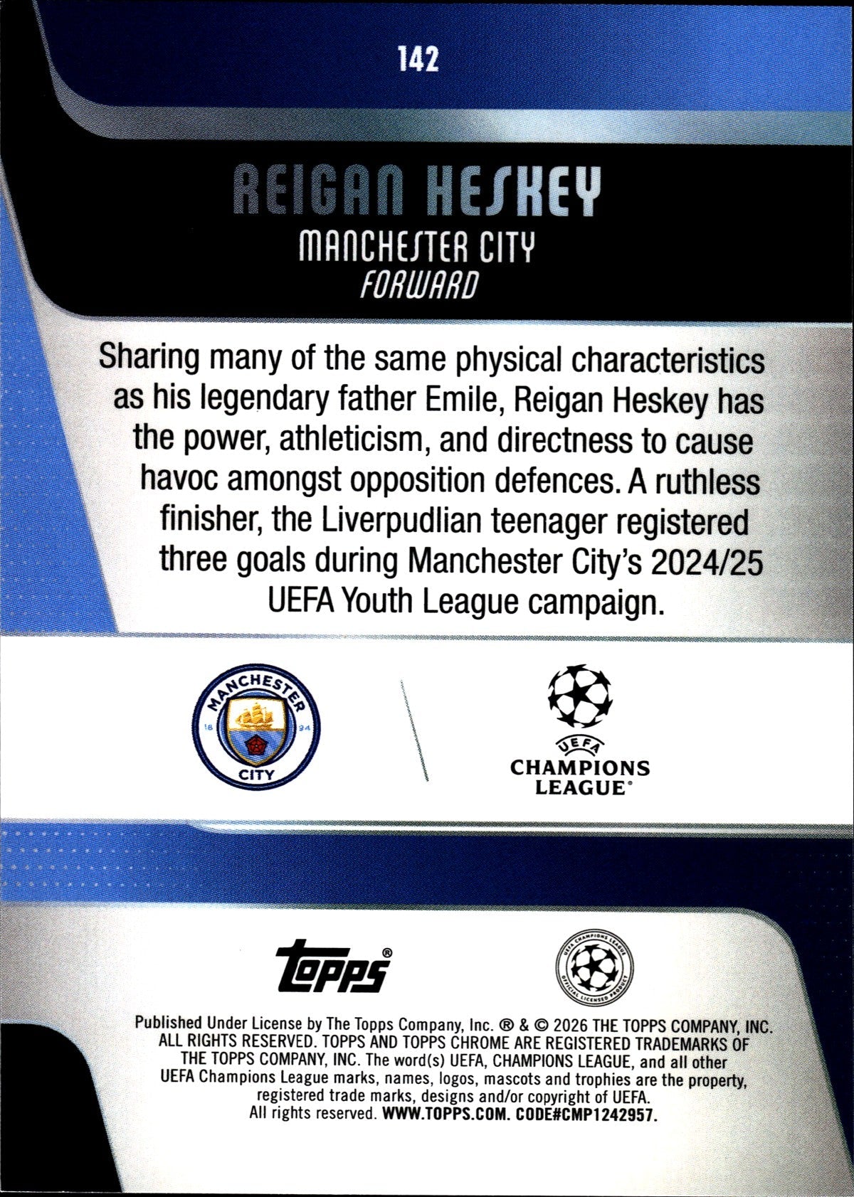 2025-26 Topps Chrome UEFA Club Competitions #142 Reigan Heskey RC – Manchester City – back