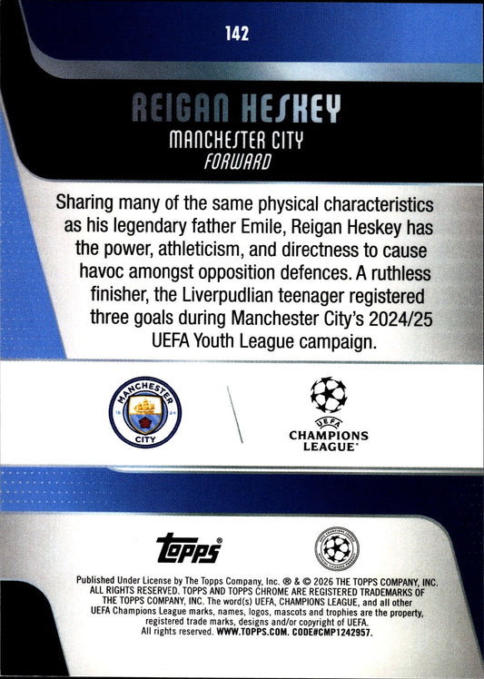 2025-26 Topps Chrome UEFA Club Competitions #142 Reigan Heskey RC – Manchester City – back