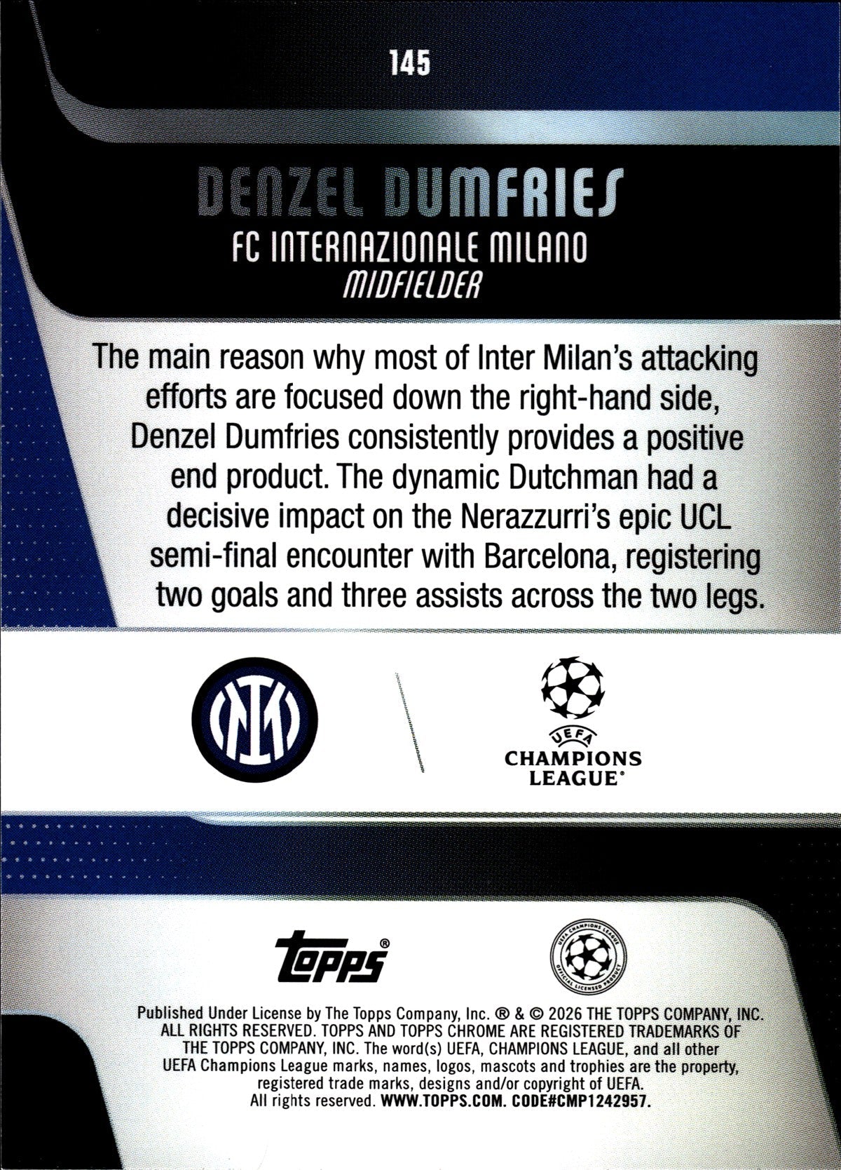 2025-26 Topps Chrome UEFA Club Competitions #145 Denzel Dumfries – Inter Milan – back