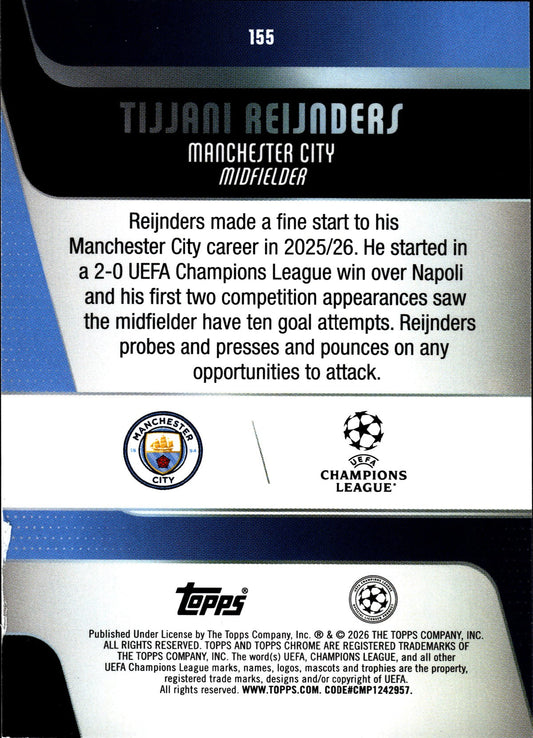 2025-26 Topps Chrome UEFA Club Competitions #155 Tijjani Reijnders – Manchester City – back