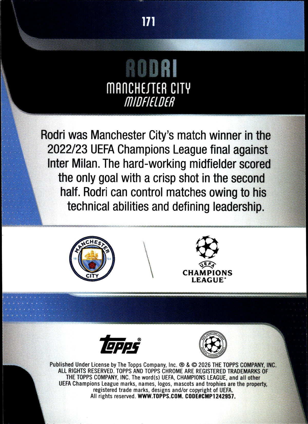 2025-26 Topps Chrome UEFA Club Competitions #171 Rodri – Manchester City – back
