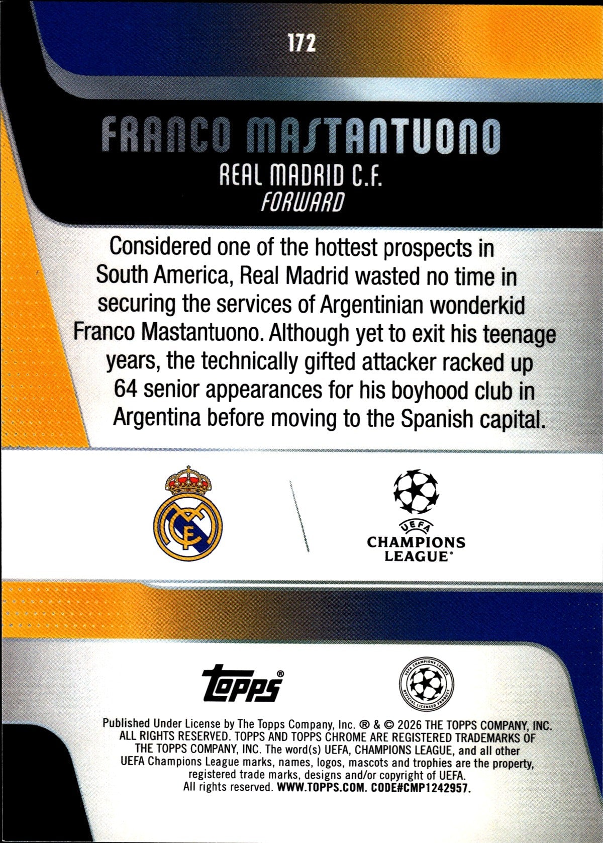 2025-26 Topps Chrome UEFA Club Competitions #172 Franco Mastantuono RC – Real Madrid – back