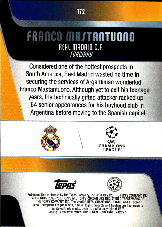 2025-26 Topps Chrome UEFA Club Competitions #172 Franco Mastantuono RC – Real Madrid – back