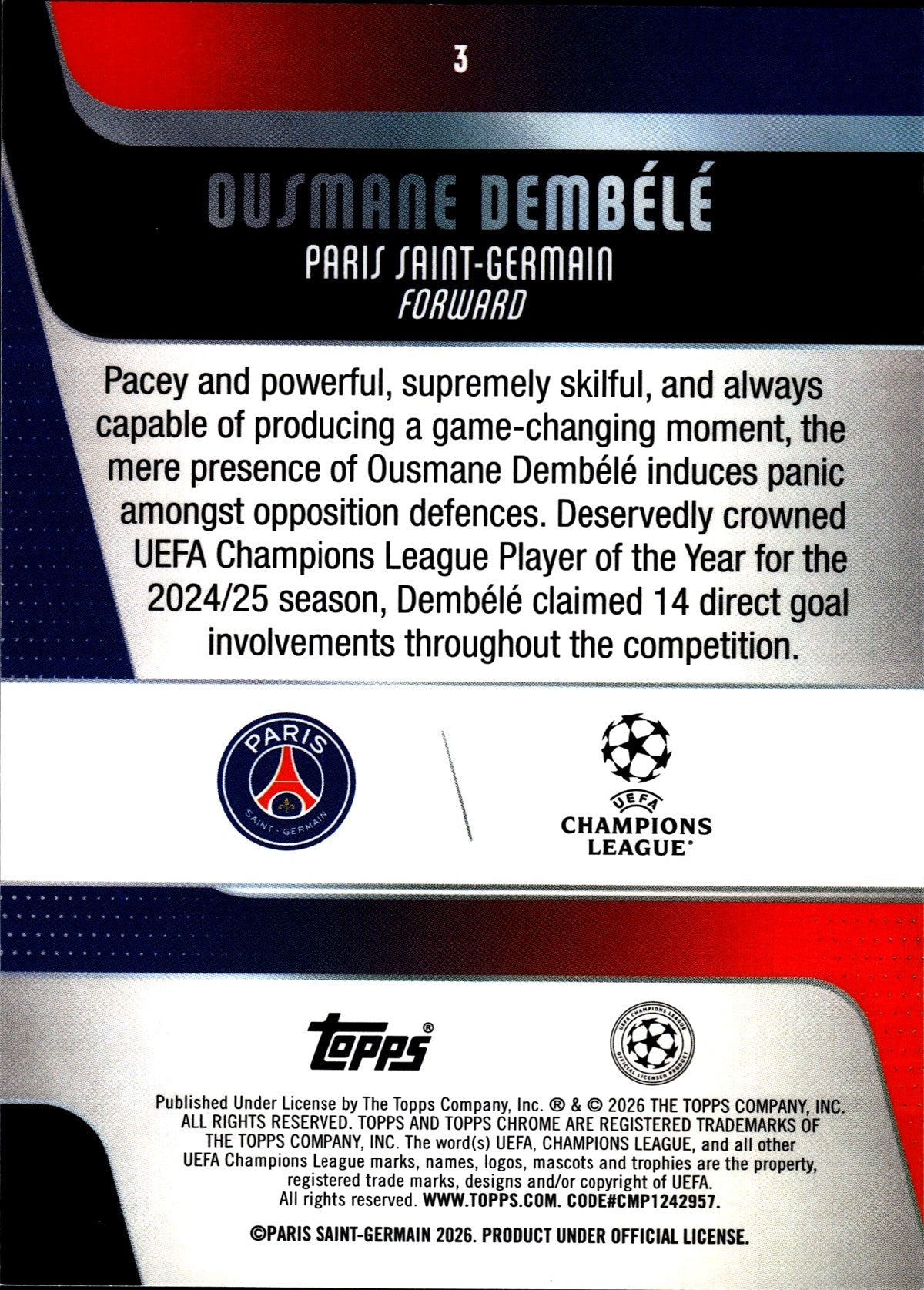 2025-26 Topps Chrome UEFA Club Competitions #3 Ousmane Dembélé – Paris Saint-Germain – back