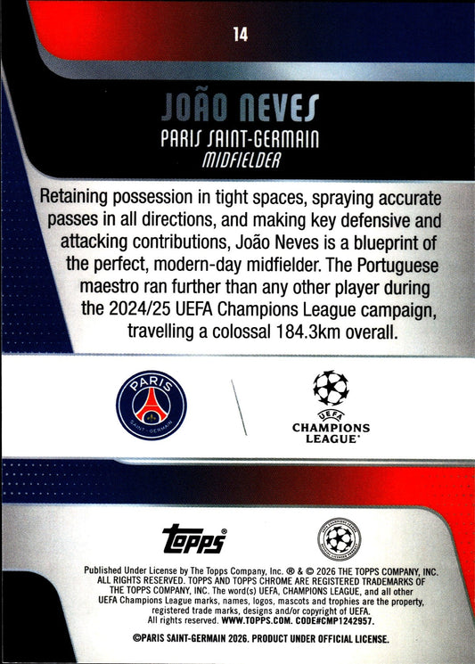2025-26 Topps Chrome UEFA Club Competitions #14 João Neves – Paris Saint-Germain – back
