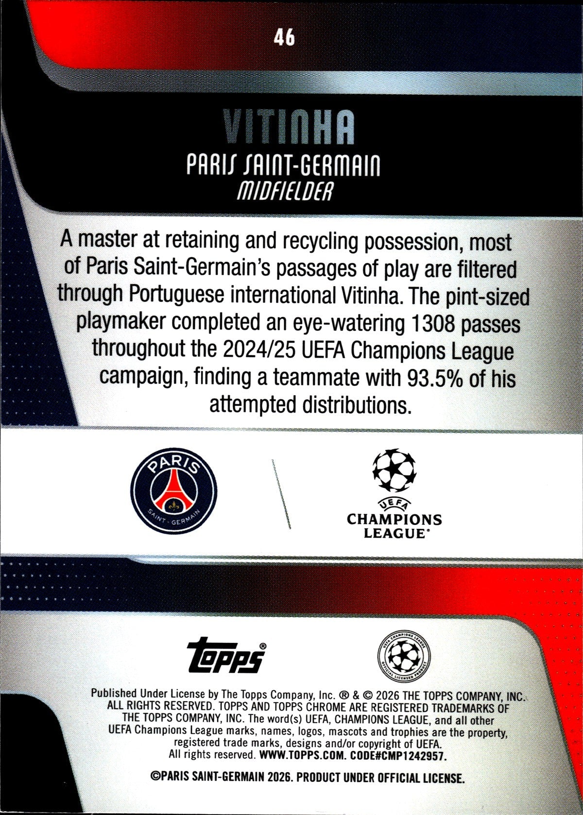 2025-26 Topps Chrome UEFA Club Competitions #46 Vitinha – Paris Saint-Germain – back