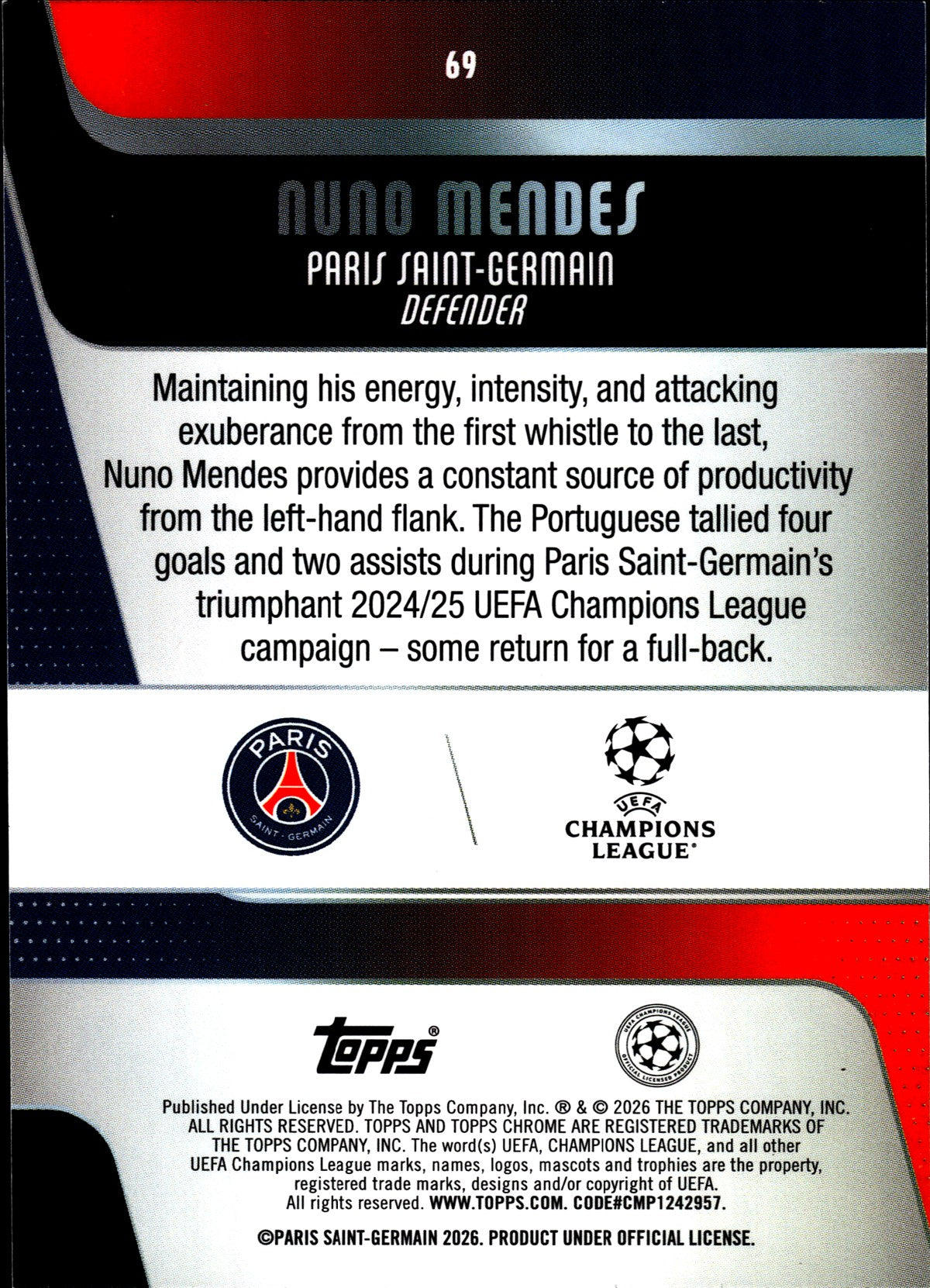 2025-26 Topps Chrome UEFA Club Competitions #69 Nuno Mendes – Paris Saint-Germain – back