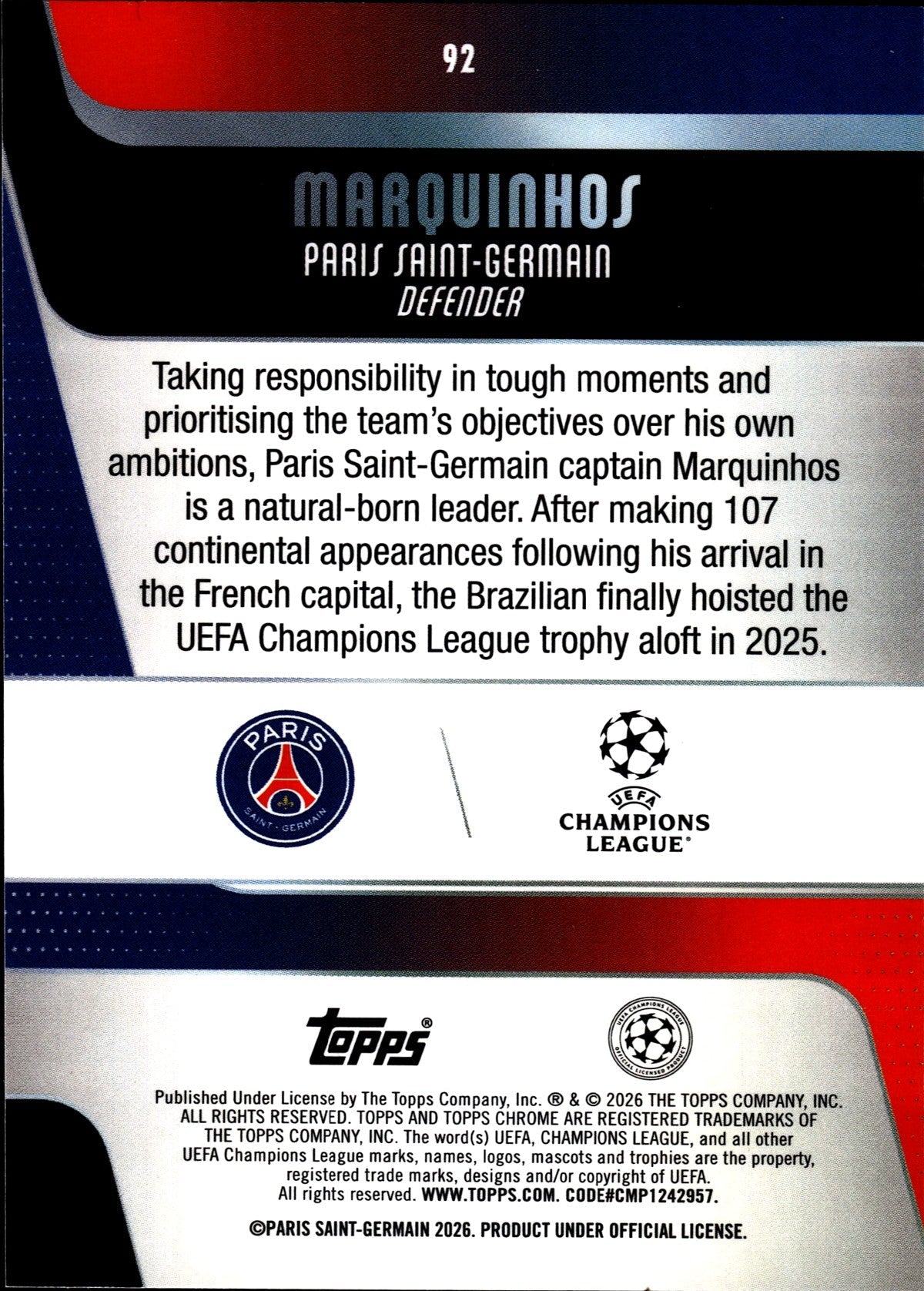 2025-26 Topps Chrome UEFA Club Competitions #92 Marquinhos – Paris Saint-Germain – back