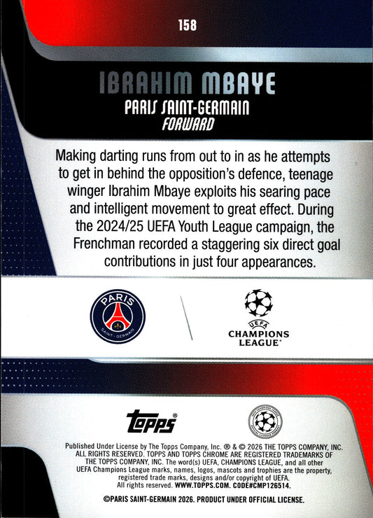 2025-26 Topps Chrome UEFA Club Competitions #158 Ibrahim Mbaye – Paris Saint-Germain – Future Stars – back