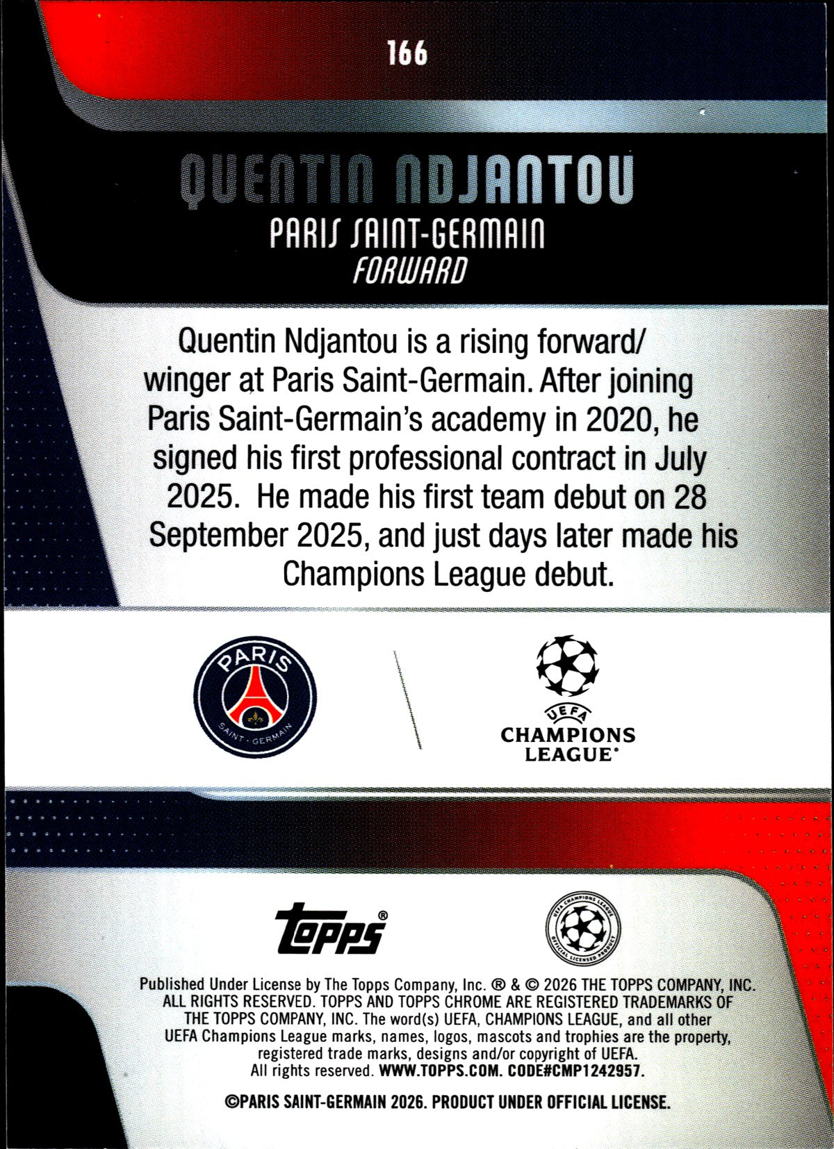 2025-26 Topps Chrome UEFA Club Competitions #166 Quentin Ndjantou RC – Paris Saint-Germain – back