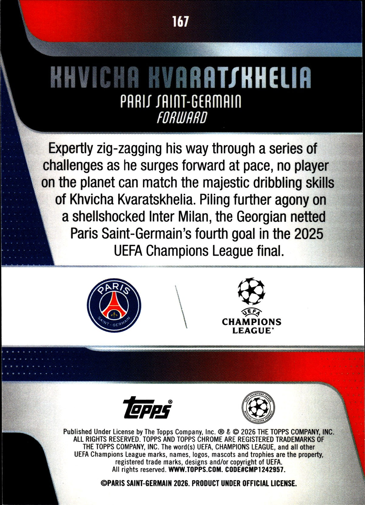 2025-26 Topps Chrome UEFA Club Competitions #167 Khvicha Kvaratskhelia – Paris Saint-Germain – back