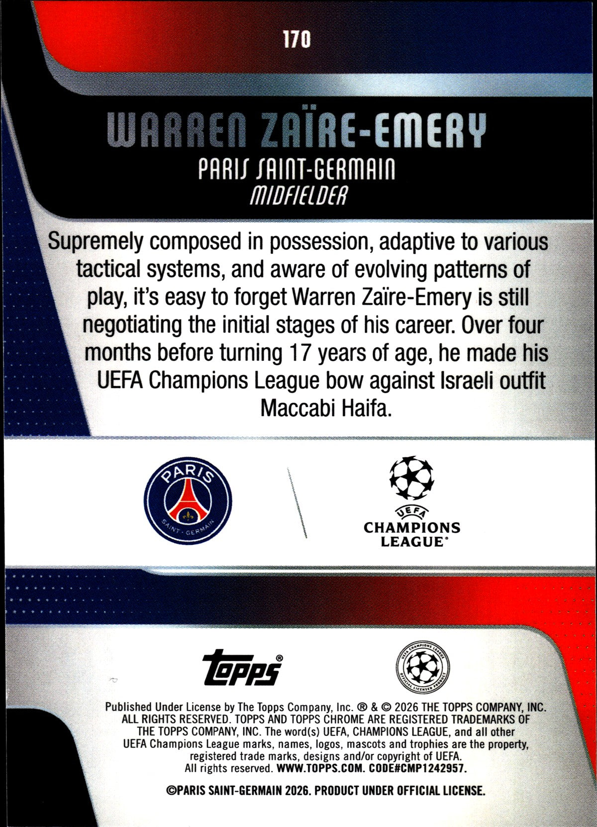 2025-26 Topps Chrome UEFA Club Competitions #170 Warren Zaïre-Emery – Paris Saint-Germain – back