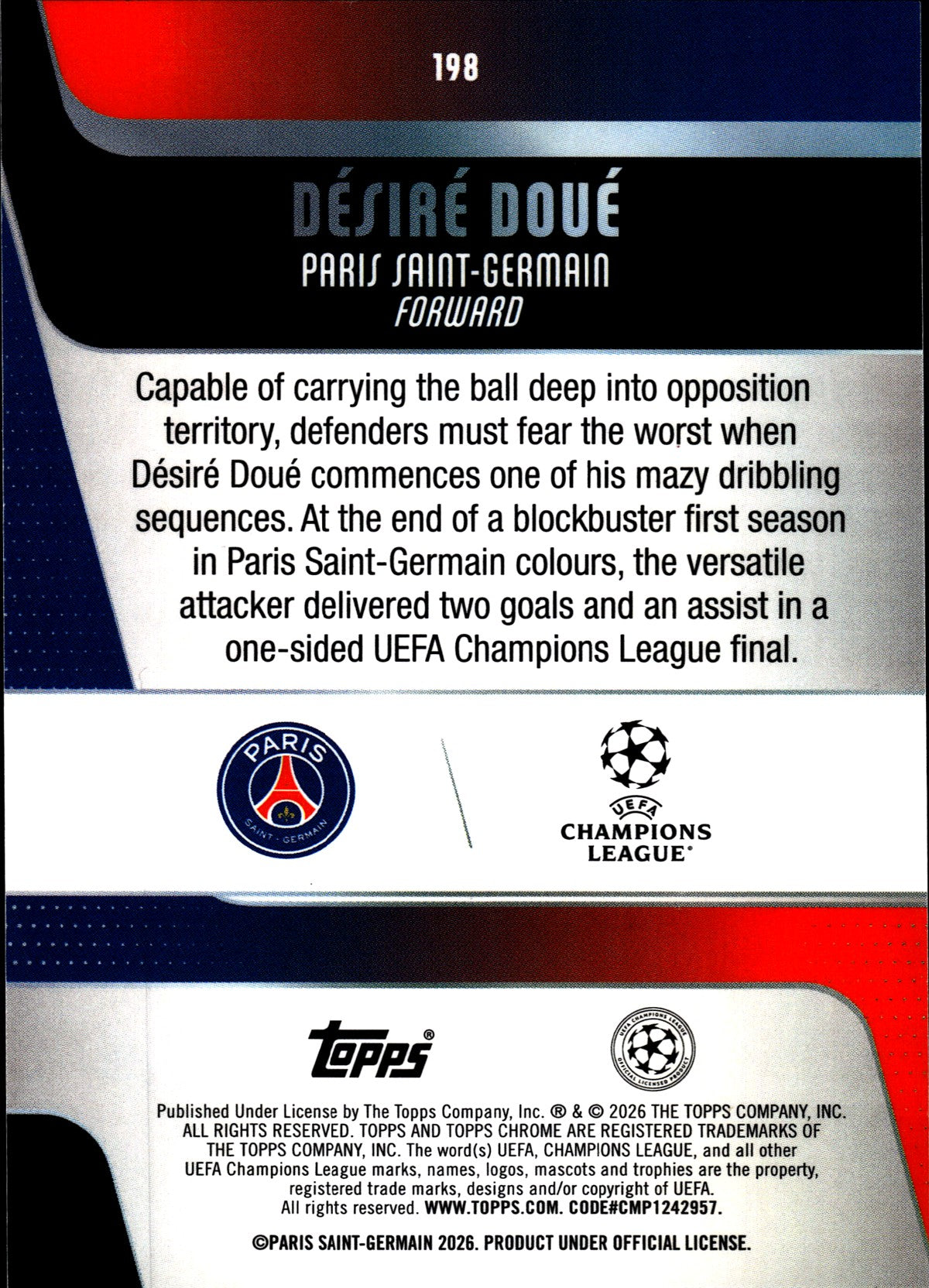 2025-26 Topps Chrome UEFA Club Competitions #198 Désiré Doué – Paris Saint-Germain – back