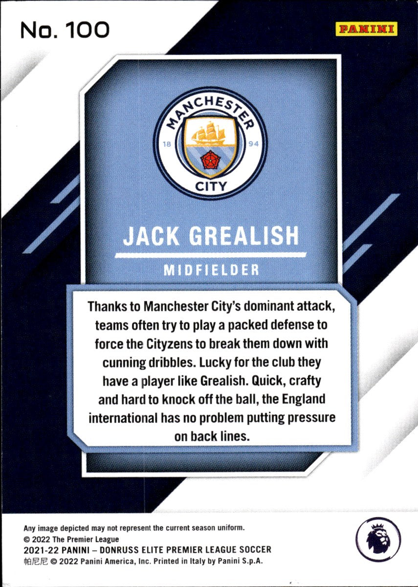 Jack Grealish – Manchester City · 2021-22 Panini Donruss Elite Premier League #100 – back