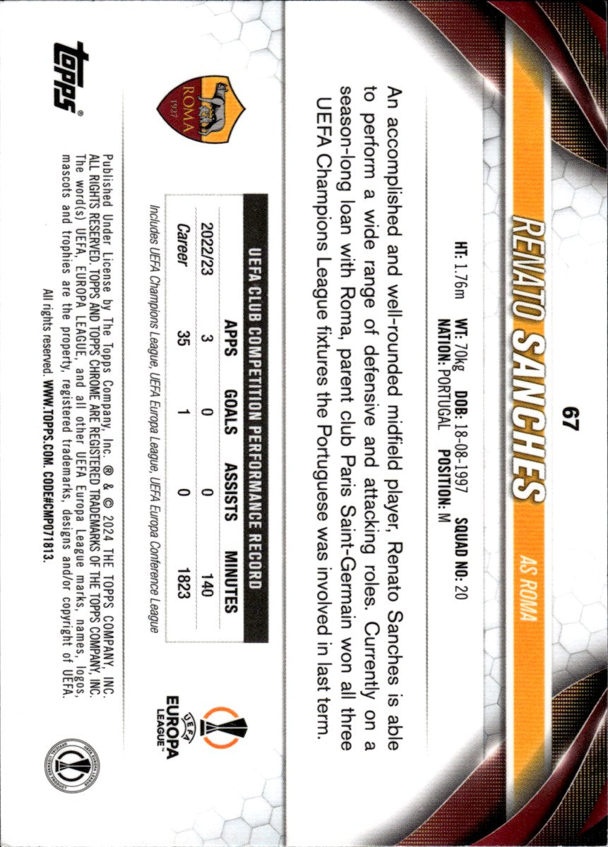 Renato Sanches – AS Roma · 2023-24 Topps Chrome UEFA Club Competitions #67 Aqua Prism Refractor – back