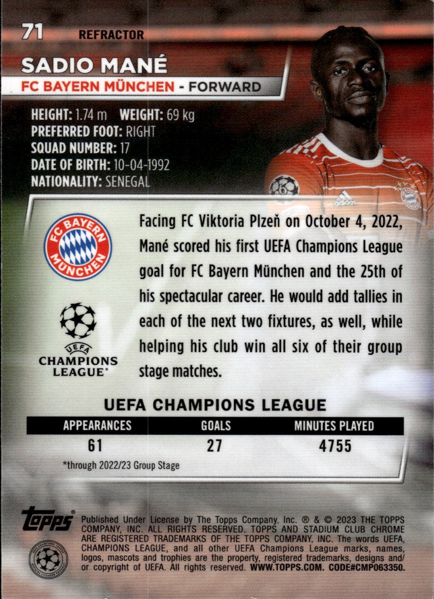 Sadio Mané – FC Bayern München · 2022-23 Topps Stadium Club Chrome UEFA Club Competitions #71 Refractor – back