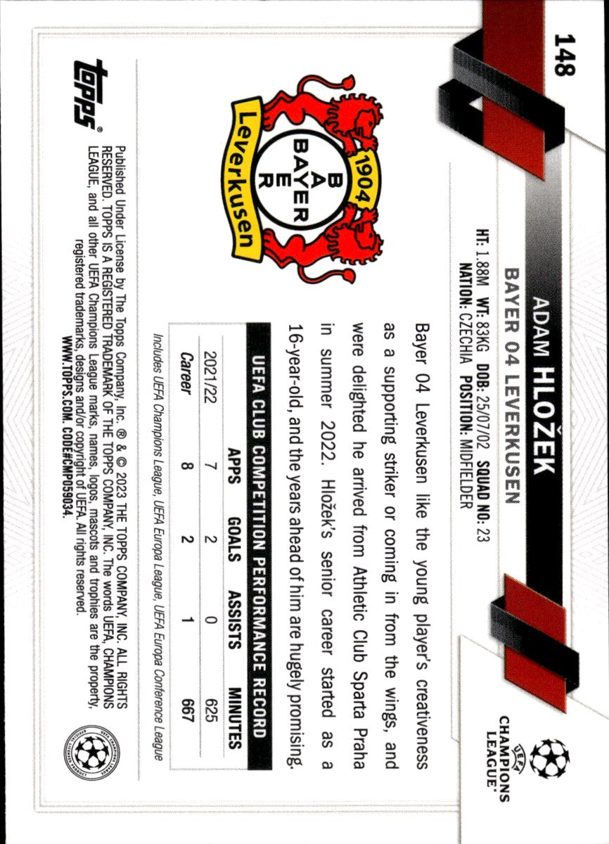Adam Hložek – Bayer 04 Leverkusen · 2022-23 Topps UEFA Club Competitions #148 – back