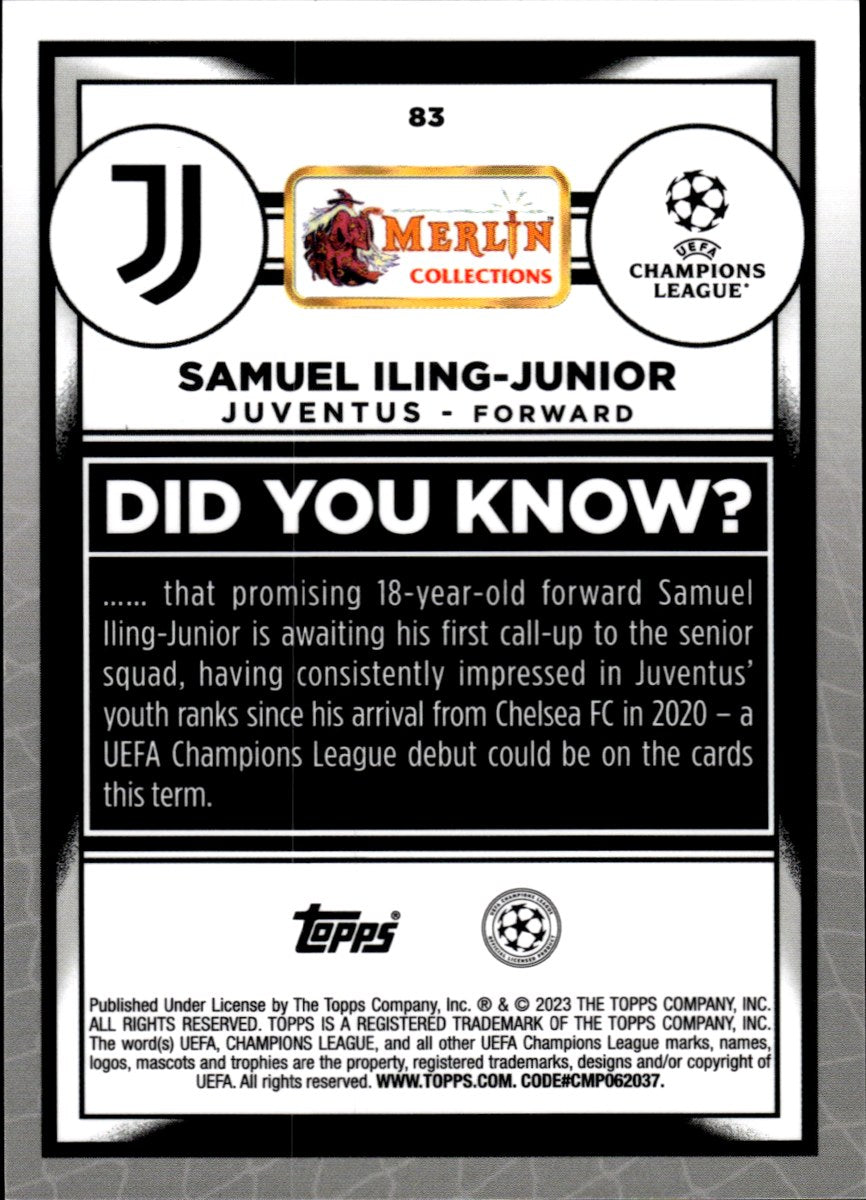 Samuel Iling-Junior – Juventus · 2022-23 Topps Merlin Chrome UEFA Club Competitions #83 Aqua Prism Refractor RC – back