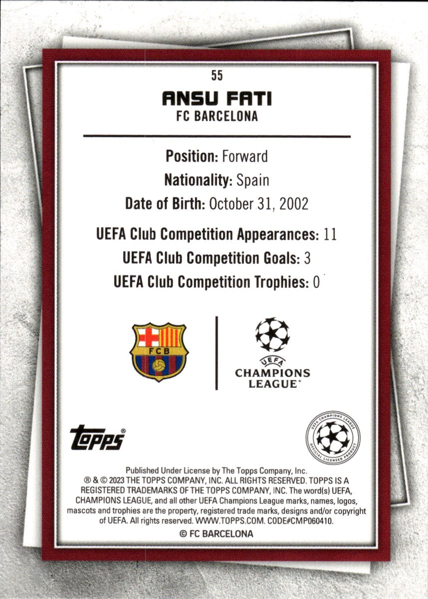 Ansu Fati – FC Barcelona · 2022-23 Topps UEFA Superstars #55 Fire & Ice Limited – back