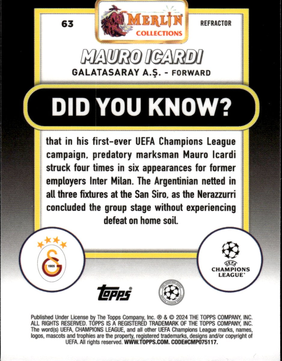 Mauro Icardi – Galatasaray · 2023-24 Topps Merlin Chrome UEFA Club Competitions #63 Refractor – back