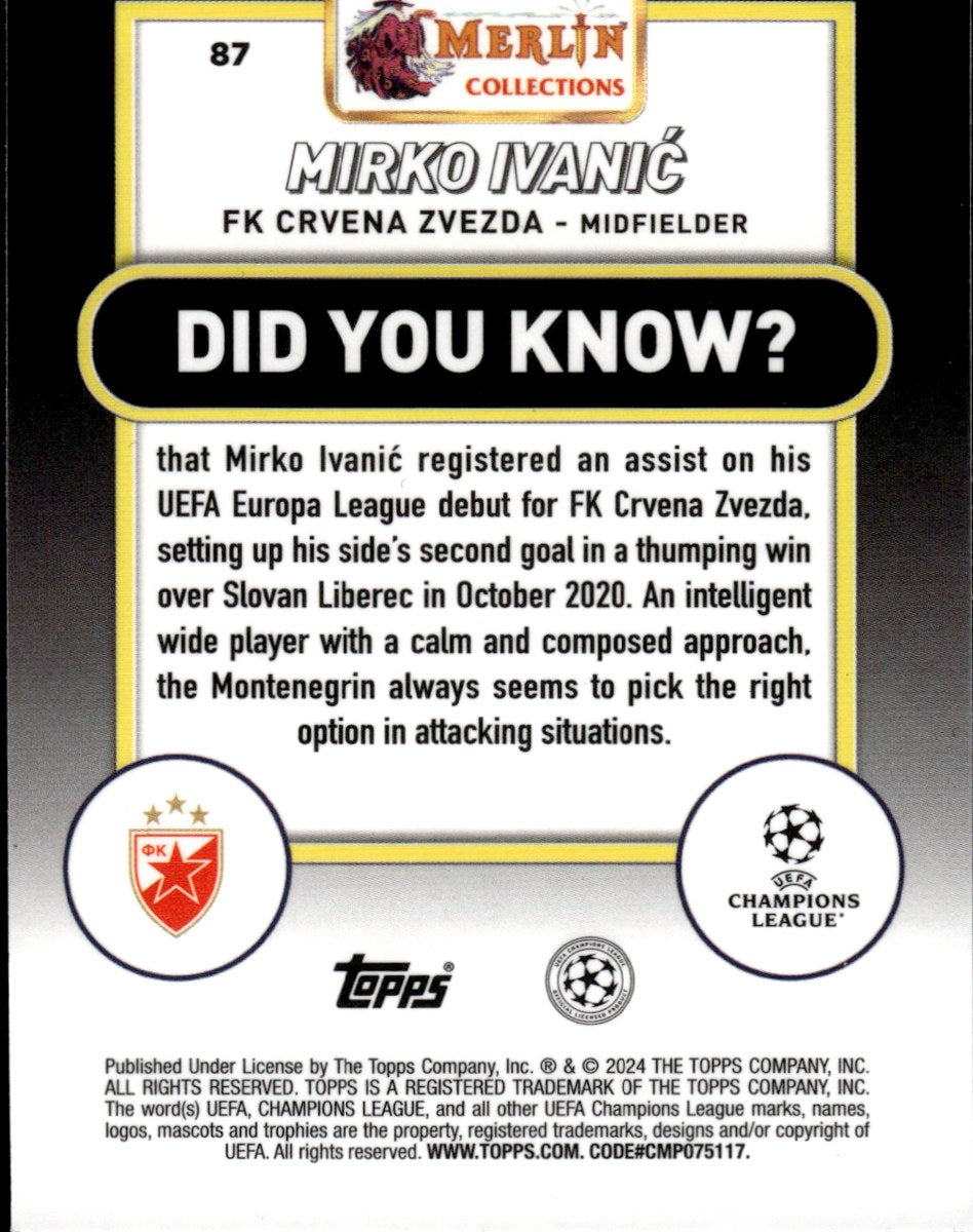 Mirko Ivanić – FK Crvena Zvezda · 2023-24 Topps Merlin Chrome UEFA Club Competitions #87 Aqua Refractor – back