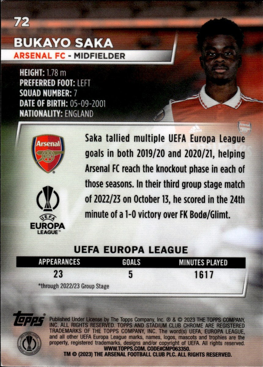 Bukayo Saka – Arsenal FC · 2022-23 Topps Stadium Club Chrome UEFA Club Competitions #72 – back
