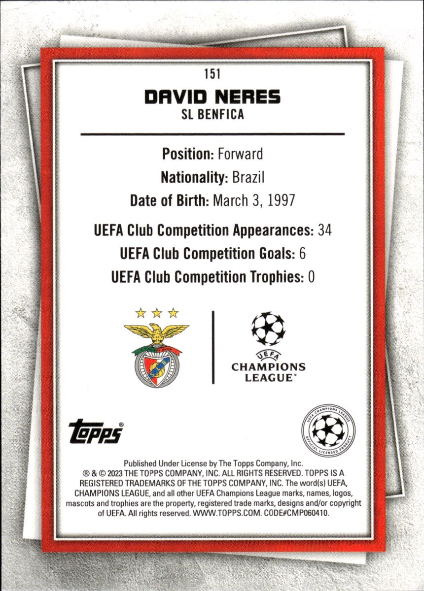 David Neres – SL Benfica · 2022-23 Topps Superstars UEFA Club Competitions #151 Uncommon Green – back