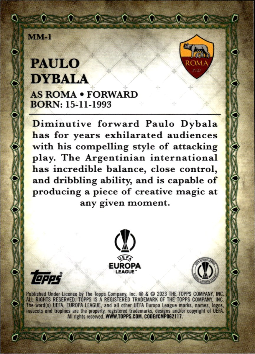 Paulo Dybala – AS Roma · 2022-23 Topps Merlin Chrome UEFA Club Competitions #MM-1 Merlin's Masters – back