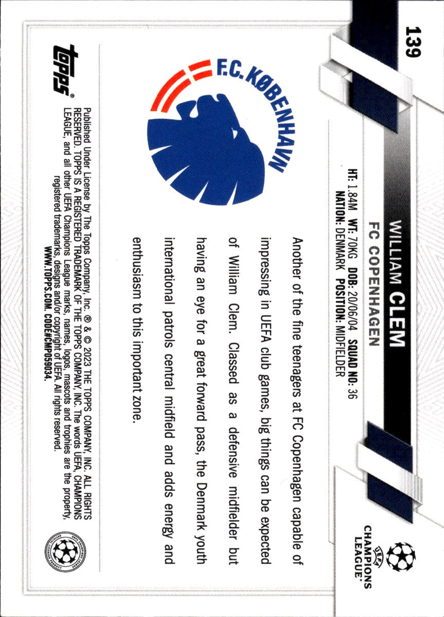 William Clem – FC Copenhagen · 2022-23 Topps UEFA Club Competitions #139 RC – back
