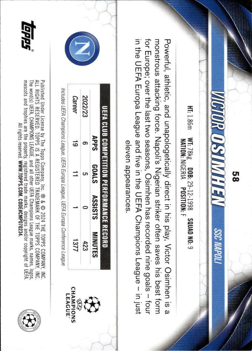 Victor Osimhen – SSC Napoli · 2023-24 Topps UEFA Club Competitions #58 – back