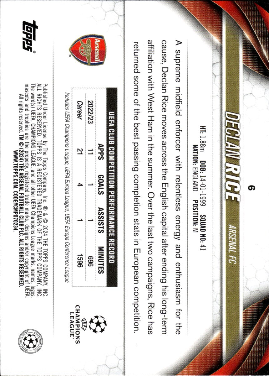 Declan Rice – Arsenal FC · 2023-24 Topps UEFA Club Competitions #6 – back