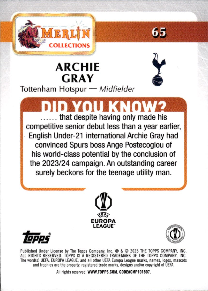 Archie Gray – Tottenham Hotspur · 2024-25 Topps Merlin Collection UEFA Club Competitions #65 Speckle Refractor RC – back
