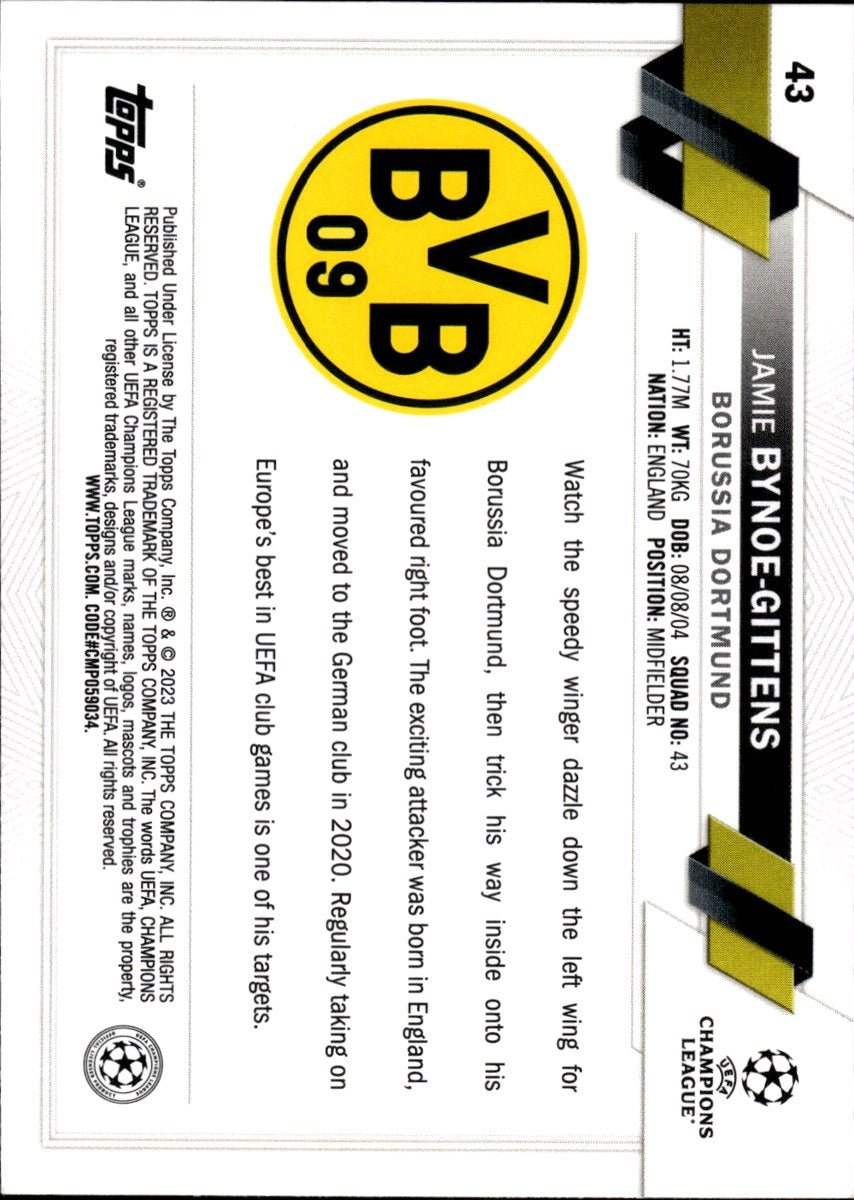 Jamie Bynoe-Gittens – Borussia Dortmund · 2022-23 Topps UEFA Club Competitions #43 RC – back