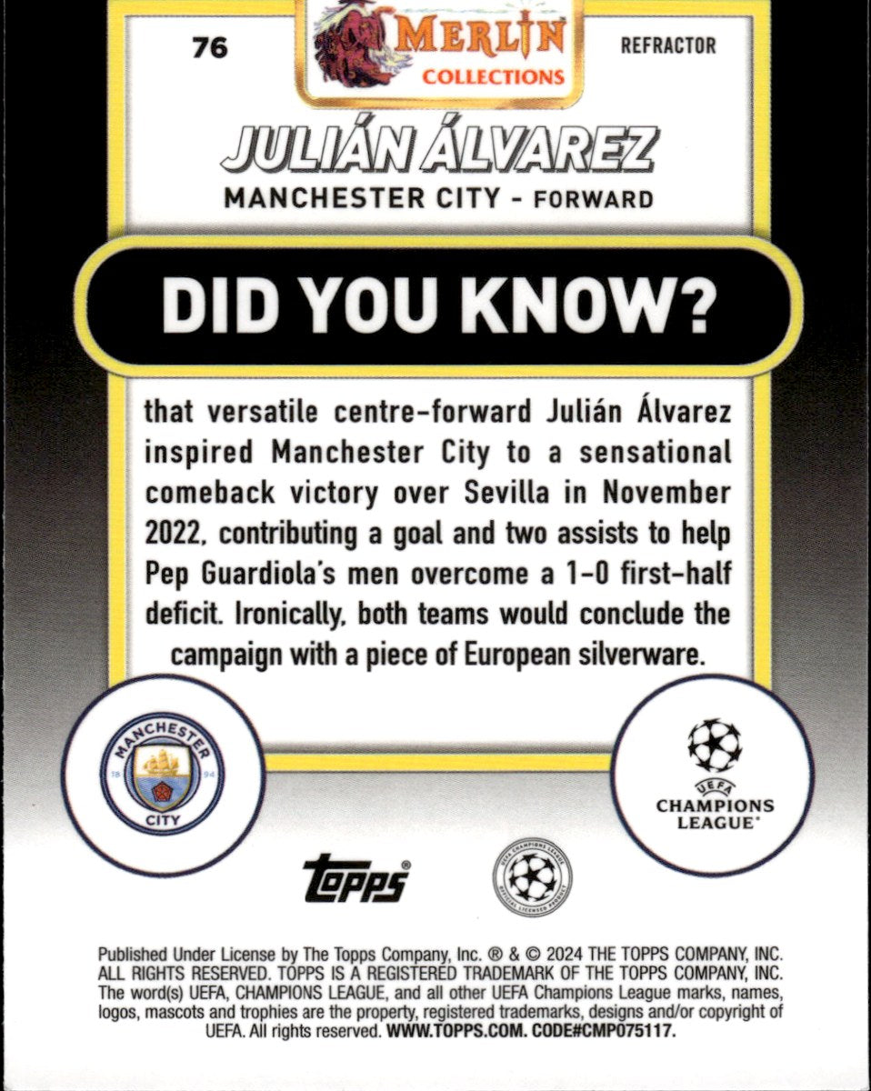 Julián Álvarez – Manchester City · 2023-24 Topps Merlin Chrome UEFA Club Competitions #76 Refractor – back