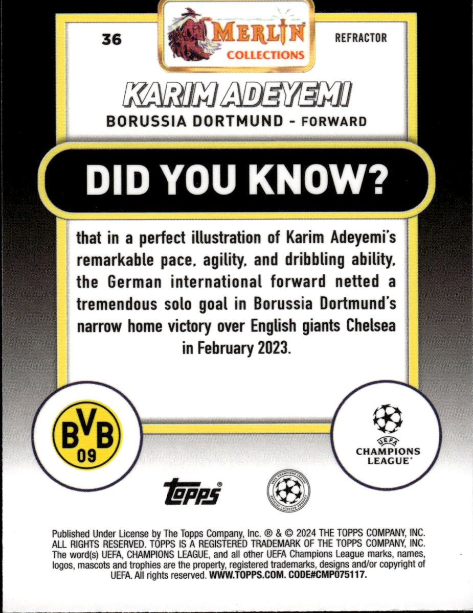 Karim Adeyemi – Borussia Dortmund · 2023-24 Topps Merlin Chrome UEFA Club Competitions #36 Refractor – back