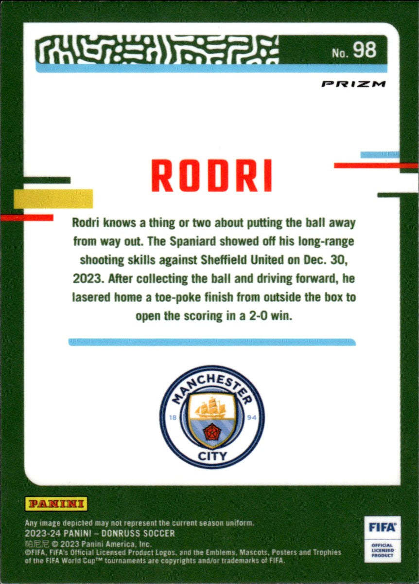 Rodri – Manchester City · 2023-24 Panini Donruss Optic Soccer #98 Optic Silver Prizm – back