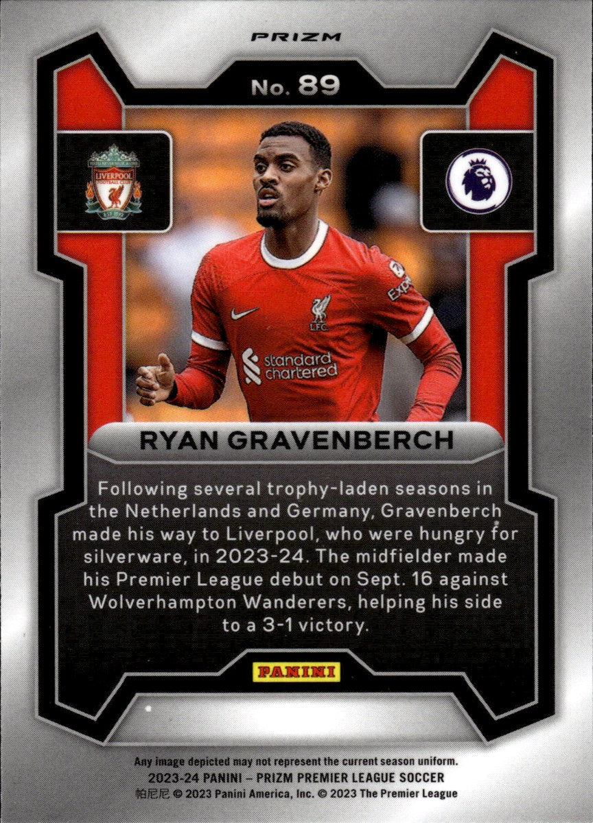 Ryan Gravenberch – Liverpool FC · 2023-24 Panini Prizm Premier League #89 Silver Prizm – back
