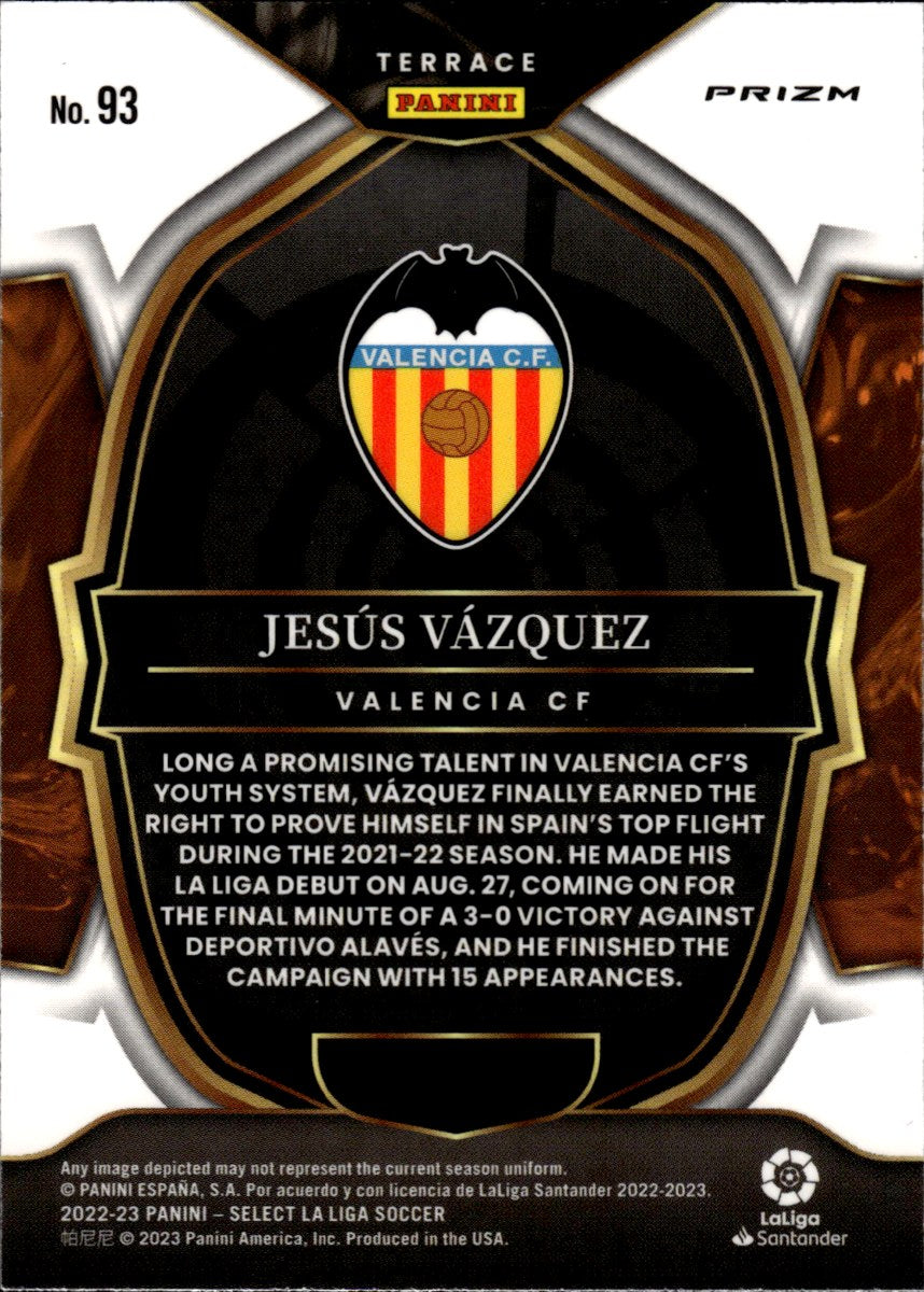 Jesús Vázquez – Valencia CF · 2022-23 Panini Select La Liga #93 Terrace Purple Mojo Prizm RC – back