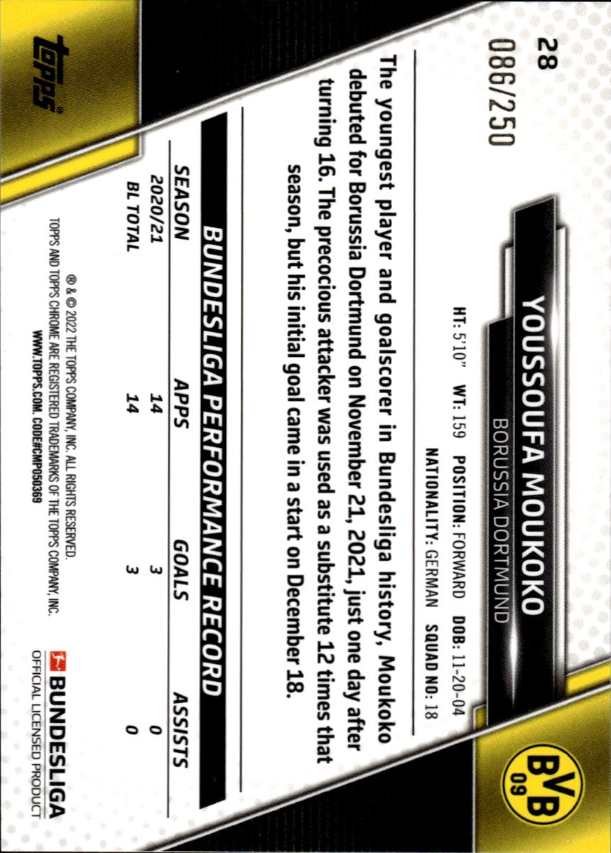Youssoufa Moukoko – Borussia Dortmund · 2021-22 Topps Chrome Bundesliga #28 X-Fractor /250 – back