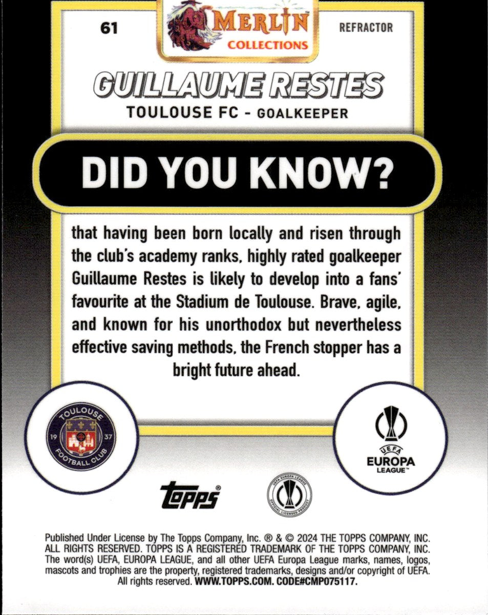 Guillaume Restes – Toulouse FC · 2023-24 Topps Merlin Chrome UEFA Club Competitions #61 Refractor RC – back