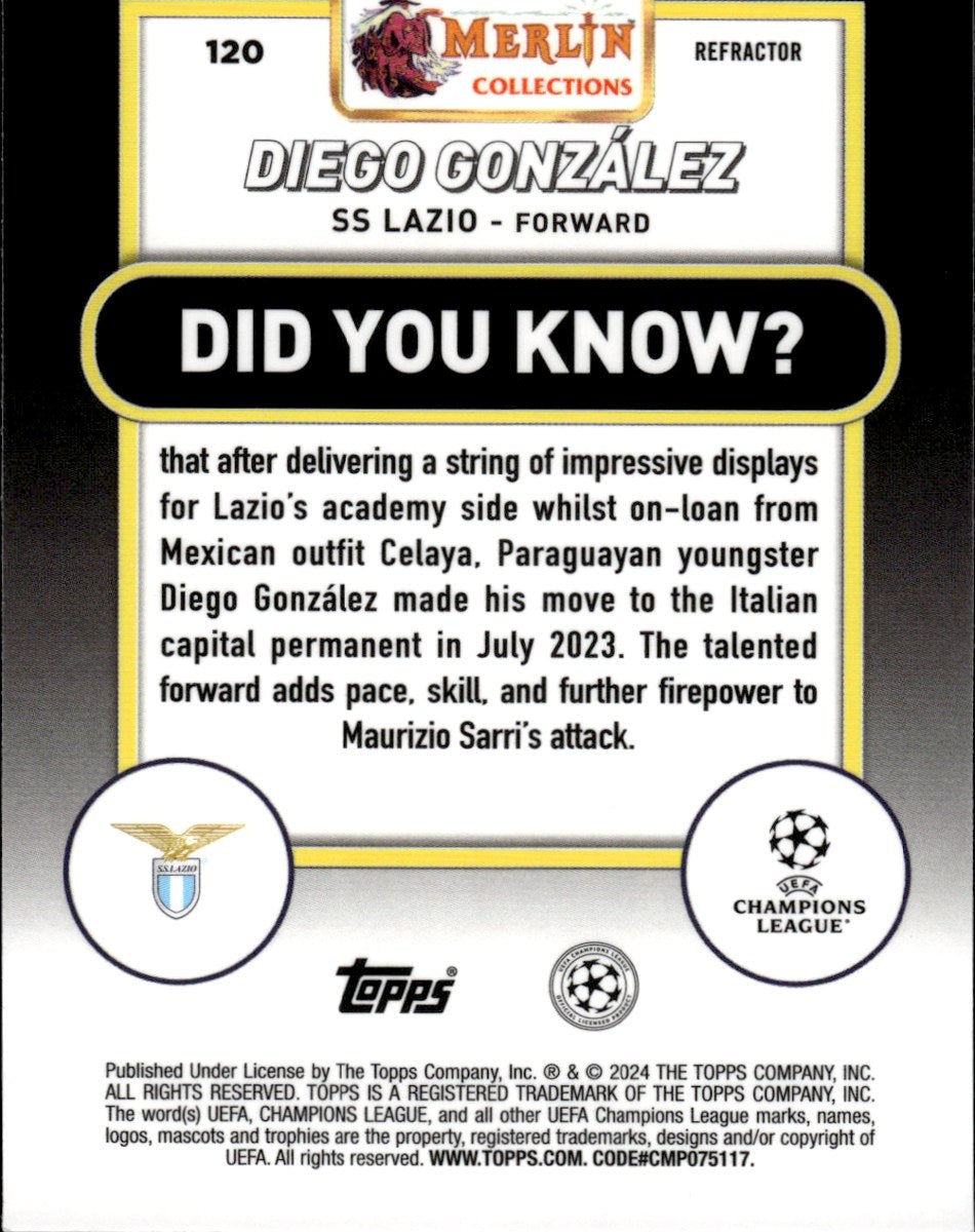 Diego González – SS Lazio · 2023-24 Topps Merlin Chrome UEFA Club Competitions #120 Refractor RC – back