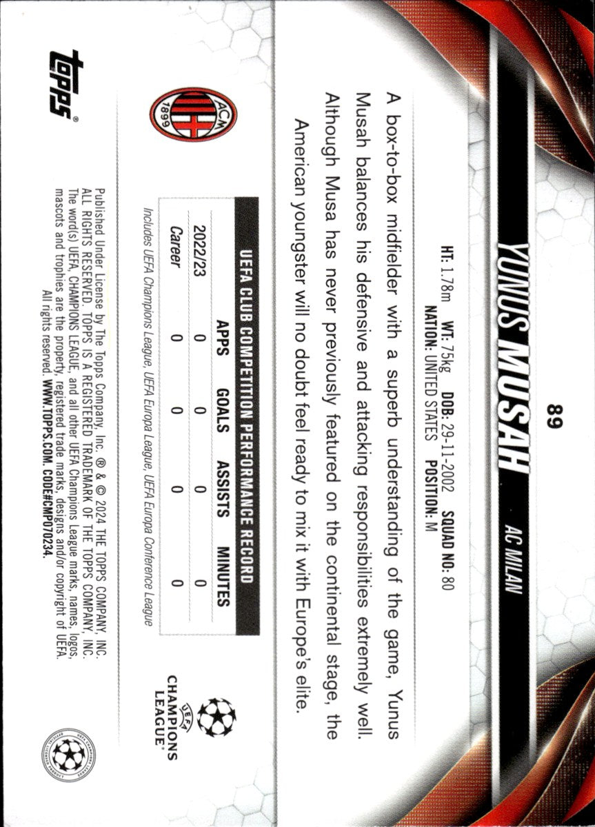 Yunus Musah – AC Milan · 2023-24 Topps UEFA Club Competitions #89 – back