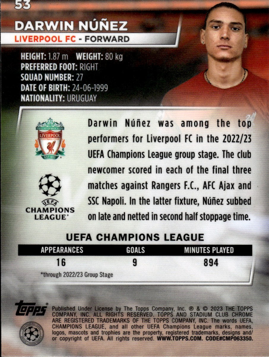 Darwin Núñez – Liverpool FC · 2022-23 Topps Stadium Club Chrome UEFA Club Competitions #53 – back